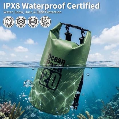 Waterproof Backpack 20L, Army Green Roll Top Water Proof Dry Bag, Heavy Duty Floating Dry Bag for Kayaking Ship Camping, Hiking Backpack with IPX8 Waterproof Phone Pouch-Black, 7" - color: Army green dry bag 20L + Phone pouch 7"