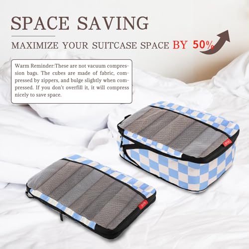 U+U 6 Set Compression Packing Cubes - Ultralight Travel Organizers with Laundry Bag, Space-Saving Suitcase Organizer for Travel, Business Trip and Family Vacation (Blue Checkered)