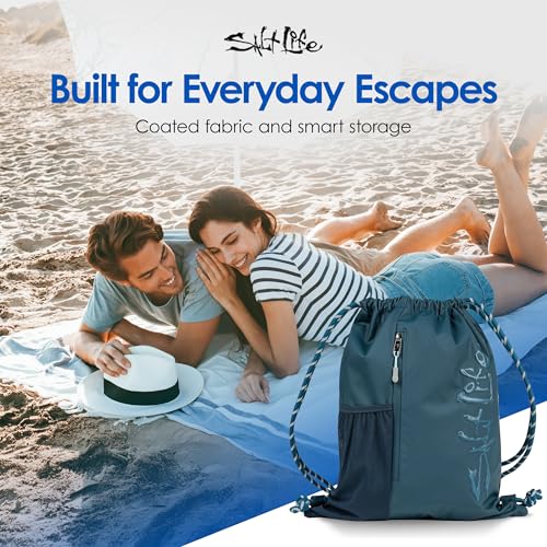 Salt Life Drawstring Backpack for Men and Women - Small Draw String Cinch Gym Bag with Water Bottle Pocket and Zipper Pocket - color: Indigo