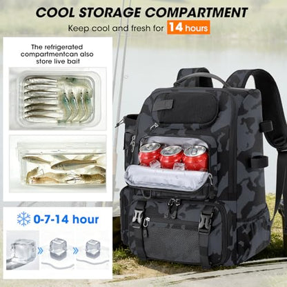 RAINSMORE Fishing Backpack with Rod Holders & Cooler 40L Water Resistant Tackle Backpack with Rain Cover Store Fishing Gear - color: Camouflage