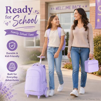 AGSDON Quiet Glide Rolling Backpack with Lunch Box Set - Large Wheel Water-Resistant Wheeled Bag for Business, Travel, and College | Lavender Purple 3-in-1 Organizer Backpack - color: Reflective Purple - Rolling Backpack