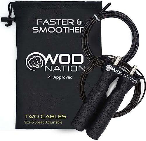 WOD Nation Attack Speed Jump Rope : Adjustable Jumping Ropes : Unique Two Cable Skipping Workout System : One Thick and One Light 11 Foot Cable : Perfect for Double Unders : Men and Women - color: Black