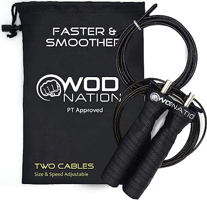 WOD Nation Attack Speed Jump Rope : Adjustable Jumping Ropes : Unique Two Cable Skipping Workout System : One Thick and One Light 11 Foot Cable : Perfect for Double Unders : Men and Women - color: Black
