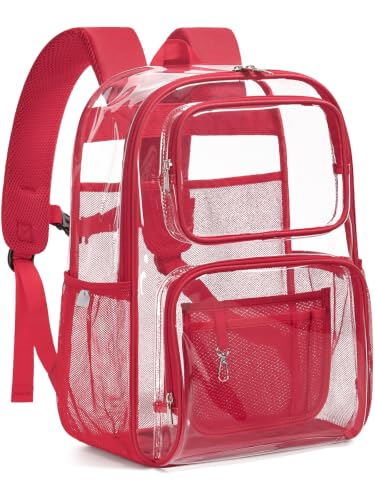 Clear Backpack Heavy Duty for Women Men Boys Girls, Large Clear Bookbag See Through Backpack for School College - color: 10#red-3m Reflective Strips