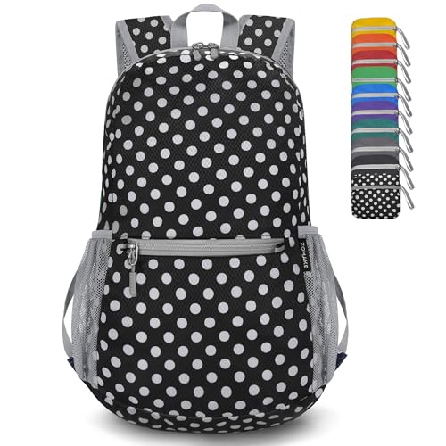 ZOMAKE Ultra Lightweight Hiking Backpack 20L, Packable Small Backpacks Water Resistant Daypack for Women Men(Black,White Polka Dot) - color: Black,white Polka Dot