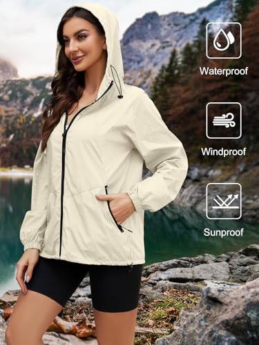 CRIPOM Light Weight Rain Jacket Women Waterproof Windbreaker Travel Rain Coats for Women Packable S-XXL - color: Beige, size: Large