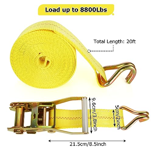 4 Pack 2 Inch Ratchet Straps Heavy Duty 20ft Tie Down Straps Ratchet with Double J Hook, 10000 LBS Break Strength, Cargo Ratchet Straps for Moving, Truck, Trailers, Motorcycles, Kayaks, Car Roof