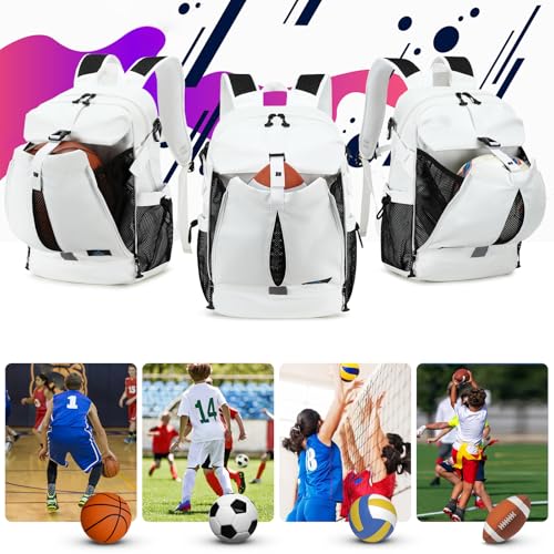 Basketball Backpack with Ball and Shoes Compartment Large Basketball Bag Backpack for Men Women Fit Volleyball, Soccer, Football, Sports Training Equipment Bags, White - color: White