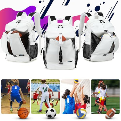 Basketball Backpack with Ball and Shoes Compartment Large Basketball Bag Backpack for Men Women Fit Volleyball, Soccer, Football, Sports Training Equipment Bags, White - color: White
