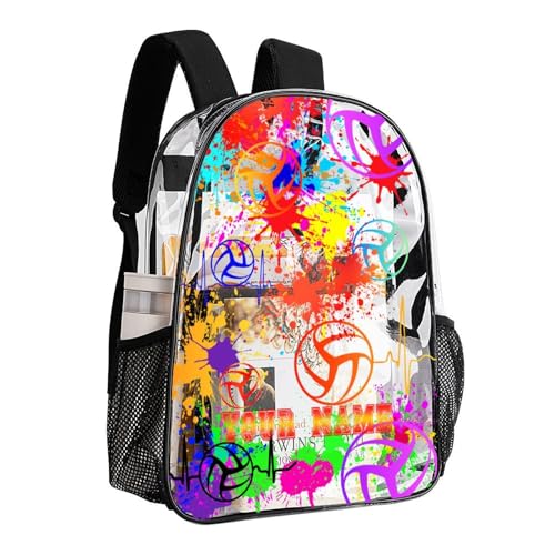 Custom Volleyball Clear Backpack Heavy Duty for Girls Kids Boys | Large Cool PVC Volleyball Theme Printing Transparent Backpacks for Schools Stadium Concerts Work - Clear/Black - color: Volleyball Clear Backpack 1 Black Custom