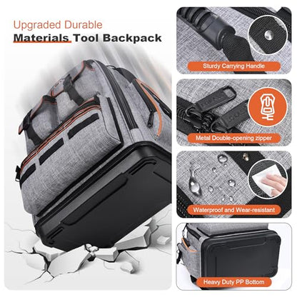 Tool Bag Backpack - Heavy Duty Tool Backpack, HVAC Tool Backpack Bag Organizer, Electrician Tool Bag with Laptop Compartment, Waterproof Molded Base, Combination lock & Durable 1680D - Gray