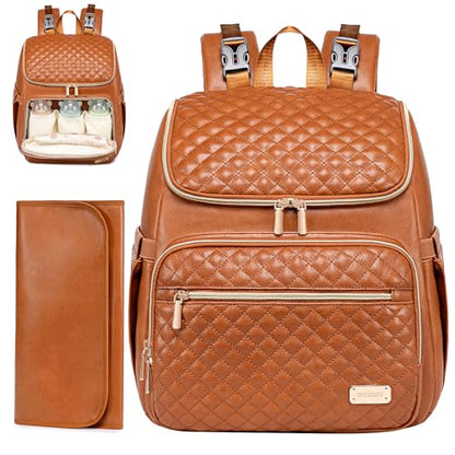 Weitars Diaper Bag Backpack Leather Baby Diaper Bag with Changing Pad Travel Diaper Backpack,Baby Bag for Mom,Stroller Straps,5 Insulated Pockets (Brown Leather) - color: Brown Leather