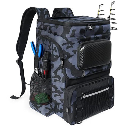 Fishing Backpack with Rod Holder, Large 50L Tackle Bag Water Resistant Tackle Backpack Heavy Duty Fishing Bag Gift for Men Woman - color: A: Camo