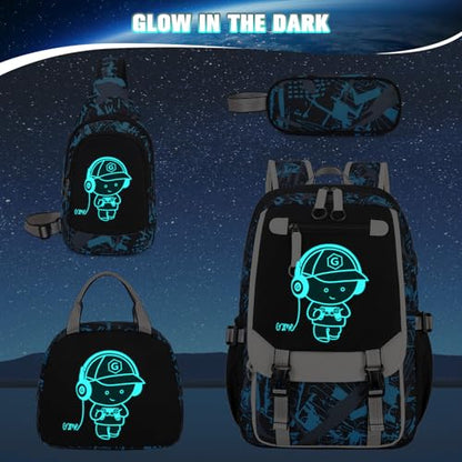 Bevalsa Backpack for Boys, Cool Luminous Boys Backpack with Sling Bag, Lunch Box & Pen Case, School Bags for Kids Children Teens Elementary Middle Schools, Bookbag Glow In The Dark (Blue) - color: Blue