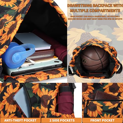 Drawstring Backpack for Women Drawstring Gym Bag Water Resistant Small Cinch Sack Pull String Backpack Bag (Sunflower) - color: Sunflower