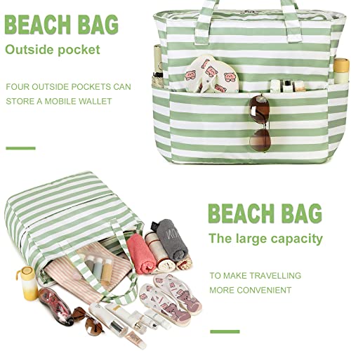 LEDAOU Beach Bag Waterproof Sandproof Women Beach Tote Pool Bag with Zipper for Swim Gym Grocery Travel with Wet Pocket | Sandproof - color: Green White Stripes