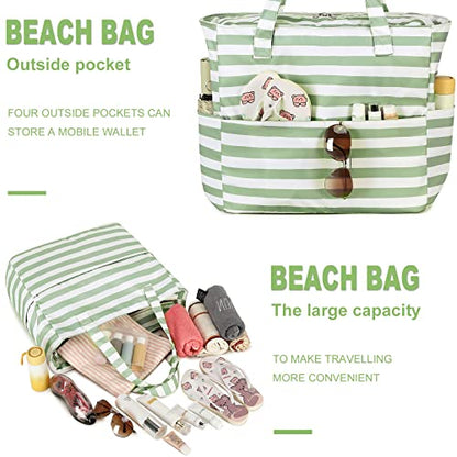 LEDAOU Beach Bag Waterproof Sandproof Women Beach Tote Pool Bag with Zipper for Swim Gym Grocery Travel with Wet Pocket | Sandproof - color: Green White Stripes