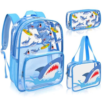 3PCS Clear Blue Backpack for School - Shark Cartoon Kids Clear Backpacks for Boys and Girls, Heavy Duty Transparent Bookbag with Lunch Bag and Pencil Case - See Through PVC Transparent Bookbag - color: Blue-Shark