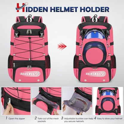 RAINSMORE Baseball Bag for Youth & Adult Lightweight Softball Bat Bag with Shoe Compartment, External Helmet Holder and Fence Hook Waterproof Baseball Backpack Hold T-Ball, Bat and Softball Equipment - color: Pink