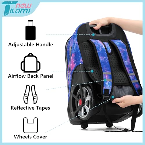 NEW TILAMI 19 inch Rolling Backpack Teens Rolling Backpack Cute Wheeled Laptop Backpack Bookbag Roller Travel Bag College, Star Violet - color: Purple Star Violet