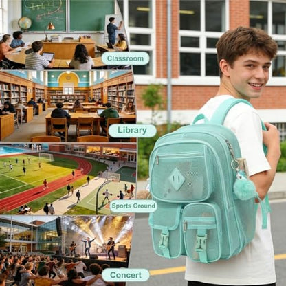 Mesh Backpack for Girls Boys, Heavy Duty Semi-Transparent Mesh Bookbag Womens Mens Mesh Backpacks for School, Sports, Beach, Swimming, Travel Green - color: Green