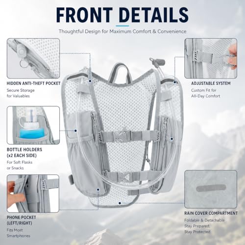 Zavothy Hydration Backpack with 1.5L Water Bladder, Lightweight Water Backpack for Women, Hydration Pack with Rain Cover for Running Hiking Cycling Festival, Reflective Bounce-Free Fit - color: Grey