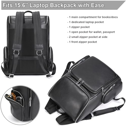 Genuine Leather Black Backpack - 15.6 Inch Business Laptop Backpack for Men & Women, Multi-Compartment Ergonomic Shoulder Bag for Office, Travel - color: Y60&71 Black