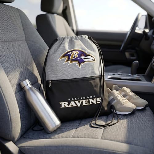 FOCO Baltimore Ravens Big Logo Drawstring Backpack with Zippered Pocket - Limited Edition Ravens Bag - NFL Gear - Officially Licensed Fan Gear - color: Baltimore Ravens