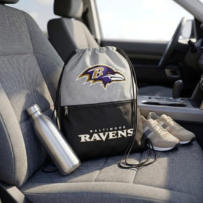 FOCO Baltimore Ravens Big Logo Drawstring Backpack with Zippered Pocket - Limited Edition Ravens Bag - NFL Gear - Officially Licensed Fan Gear - color: Baltimore Ravens