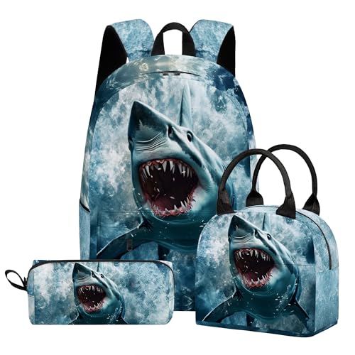 Shark 3PCS Backpack Set for Teens Elementary Middle High School, 17 Inch Lightweight Classic Bookpack 3 in 1 Set for Girls Boys, Kids Back to School Backpack with Lunch Box Pencil Case - color: Shark