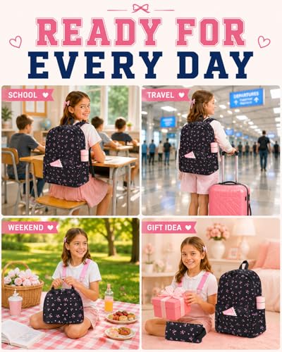 CAMTOP Girls Backpack with Lunch Box Set, Cute Bow School Backpack for Kids, 3-in-1 Lightweight Lunch Bag and Pencil Pouch - color: Black Pink Bow