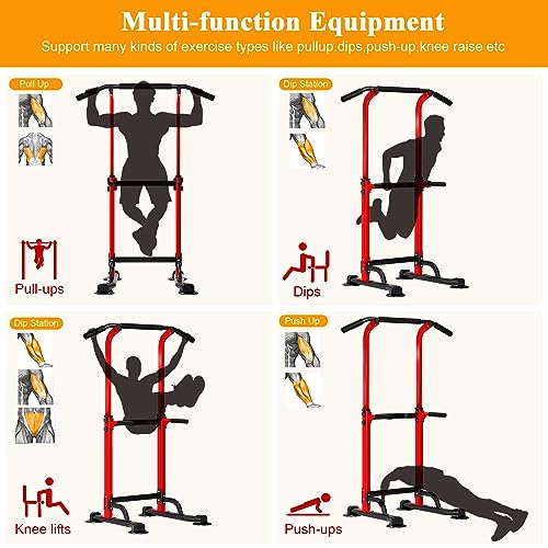 DlandHome Power Tower Pull Up Dip Station Multi-Function Fitness Equipment for Strength Training Adjustable Height Dip Stand for Home Gym - color: Red