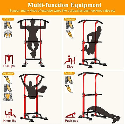 DlandHome Power Tower Pull Up Dip Station Multi-Function Fitness Equipment for Strength Training Adjustable Height Dip Stand for Home Gym - color: Red