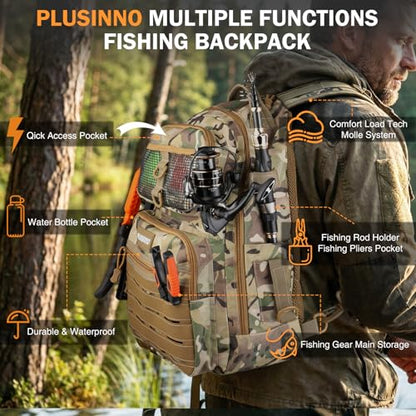 PLUSINNO Fishing Gear Fishing Backpack with Tackle Box, Waterproof tackle Backpack with Rod Holders, Lures, Tools, Pliers & Accessories, Fish Gifts for Men - color: Khaki Fishing Backpack With Fishing Kit