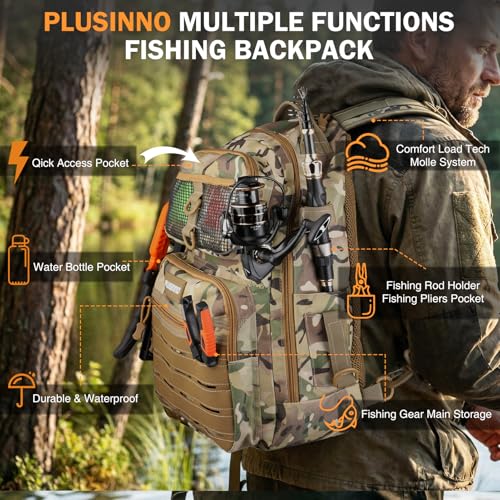PLUSINNO Fishing Gear, Fishing Backpack with Fishing Rod, Tackle Box, Waterproof Tackle Backpack with Rod Holders,Lures, Tools, Pliers & Accessories, Fish Gifts for Men - color: Orange rod