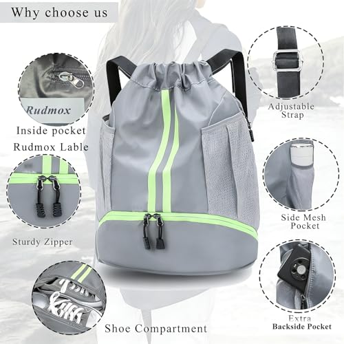Drawstring Backpack with Shoe Compartment,Water Resistant Sports Gym Bag,String Bag for Men Women,Soccer,Basketball - color: Grey