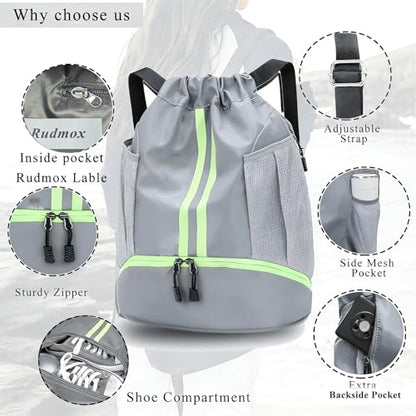 Drawstring Backpack with Shoe Compartment,Water Resistant Sports Gym Bag,String Bag for Men Women,Soccer,Basketball - color: Grey