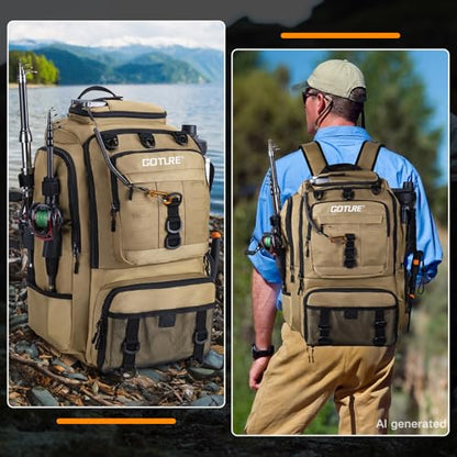 Goture 40L Fishing Tackle Backpack with Cooler Compartment Khaki, Water-Resistant Fishing Gear Bag & Rain Cover & 3600 Trays - color: Khaki, size: C - Includes 2 3600 trays with handles