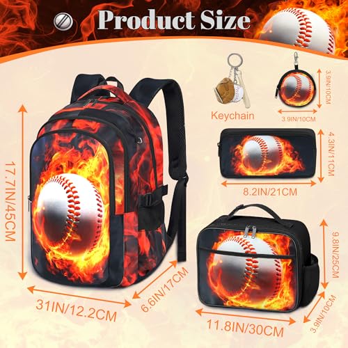 Boys Baseball Backpack with Lunch Box, Kids Backpack Set for School, 17inch Bookbag with Pencil Case Coin Purse Red - color: Baseball
