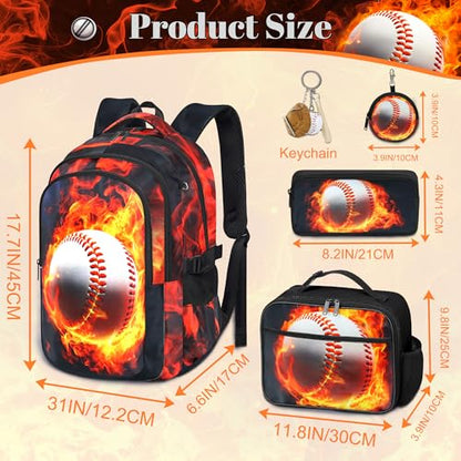 Boys Baseball Backpack with Lunch Box, Kids Backpack Set for School, 17inch Bookbag with Pencil Case Coin Purse Red - color: Baseball