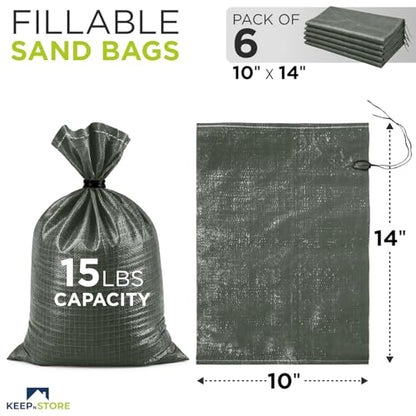 Heavy Duty Sand Bags Pack of 6, Army Green Empty Sandbags with Built-In Ties, Woven Polypropylene UV Protection 1600 Hours, Fillable Bags for Flood Control, Weight, 10x14 inches, 15 Pounds Volume - size: 10"W x 14"L, style: Pack of 6