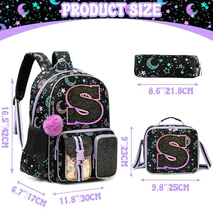 HTgroce Backpacks for Girls School Bag Kids Black Bookbag for Elementary Students Kids Backpack with Lunch Box and Pencil Case - color: Black, style: S