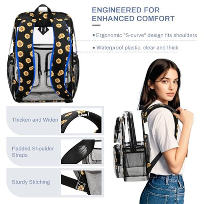 Clear Backpacks for School Heavy Duty Clear Bookbag Stadium Events Transparent Back Pack Kids, Black Sunflower - color: Black Sunflower