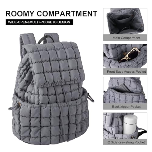 XSUIOY Quilted Backpack Purse for Women Small Lightweight Puffer Puffy College Laptop Backpack Nylon Casual Bookbag Daypack Top Flap Drawstring Padding Hiker Travel Gym Backpack(Grey) - color: Grey