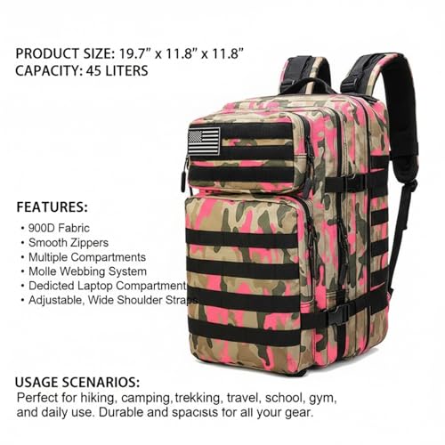 45L Military Tactical Backpack for Men & Women Bug Out Bag Assault pack Molle Daypack Hiking Trekking Rucksack(Camouflage Pink) - color: Camouflage Pink