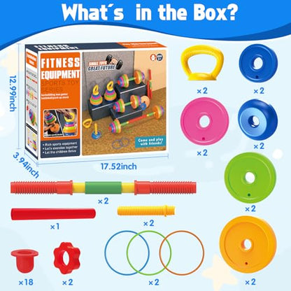 5-in-1 Kids Weight Set – Adjustable Fillable Toddler Weights Gym Set with Dumbbell, Barbell, Kettlebell, Ring Toss, Push-up – Kids Workout Equipment Children Beginner Home Gym Pretend Play Exercise