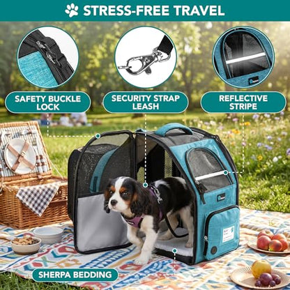 PetAmi Expandable Dog Backpack Carrier for Cats & Pets, Breathable Cat Carrier Backpack with Top Window & Multi-Entry, Ventilated Foldable Travel Carrier for Small Medium Pets up to 18 lbs, Teal Blue - color: Turquoise