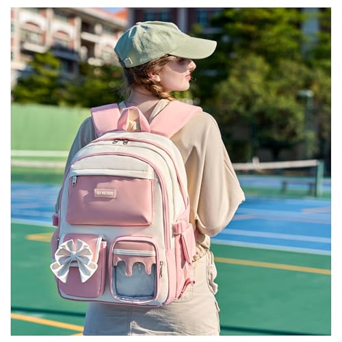 School Backpack for Girls 3PCS Nylon Kids Backpack Set with Lunch Box & Pencil Pouch, Cute Lightweight Teen Girls School Bag Laptop Bag Travel Daypack for Elementary Middle High School Beige Pink - color: Pink