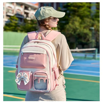 School Backpack for Girls 3PCS Nylon Kids Backpack Set with Lunch Box & Pencil Pouch, Cute Lightweight Teen Girls School Bag Laptop Bag Travel Daypack for Elementary Middle High School Beige Pink - color: Pink
