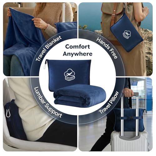 Travel Blanket, Soft 2-in-1 Airplane Blanket, 65x40 Inches, Travel Blanket Airplane Compact with Bag, Car Blanket with Luggage Sleeve & Backpack Clip (Navy Blue) - color: Navy Blue